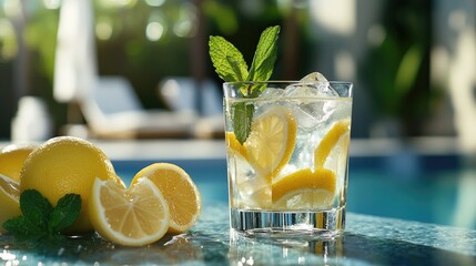 A refreshing glass of lemonade with mint leaves and ice cubes, placed on a poolside table.