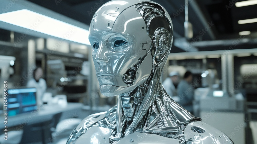 Poster futuristic robot fluid like mercury transforms into a perfectly detailed human figure the background