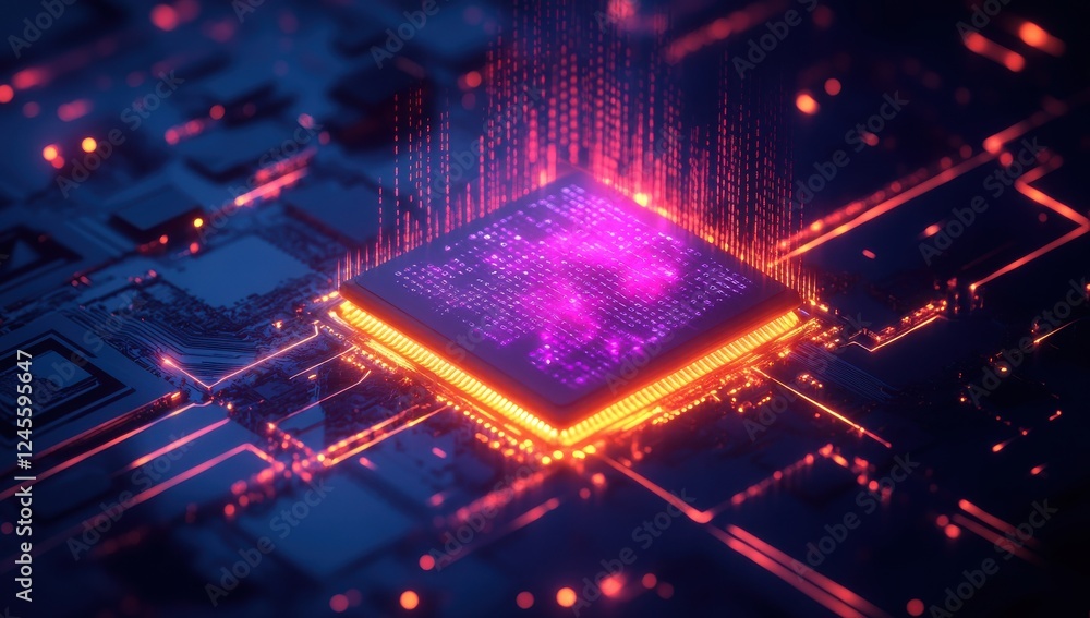 Poster abstract digital concept of a glowing microchip with vibrant light effects illuminating the circuit 