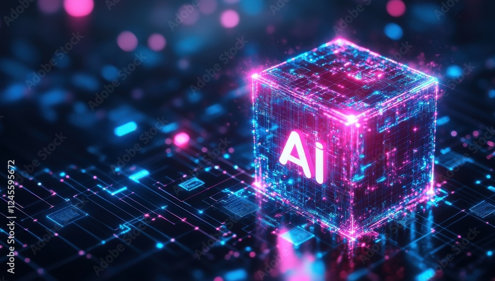 Poster abstract digital cube glowing with artificial intelligence letters surrounded by blue and pink parti