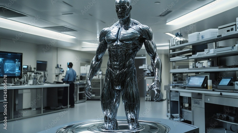 Poster futuristic robot fluid like mercury transforms into a perfectly detailed human figure the background