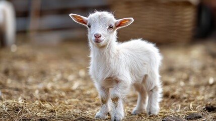 Obraz premium Cute white kid goat on farm, hay background