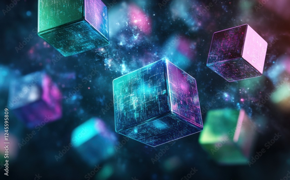 Poster abstract digital cubes floating in space with vibrant colors and cosmic background, representing tec