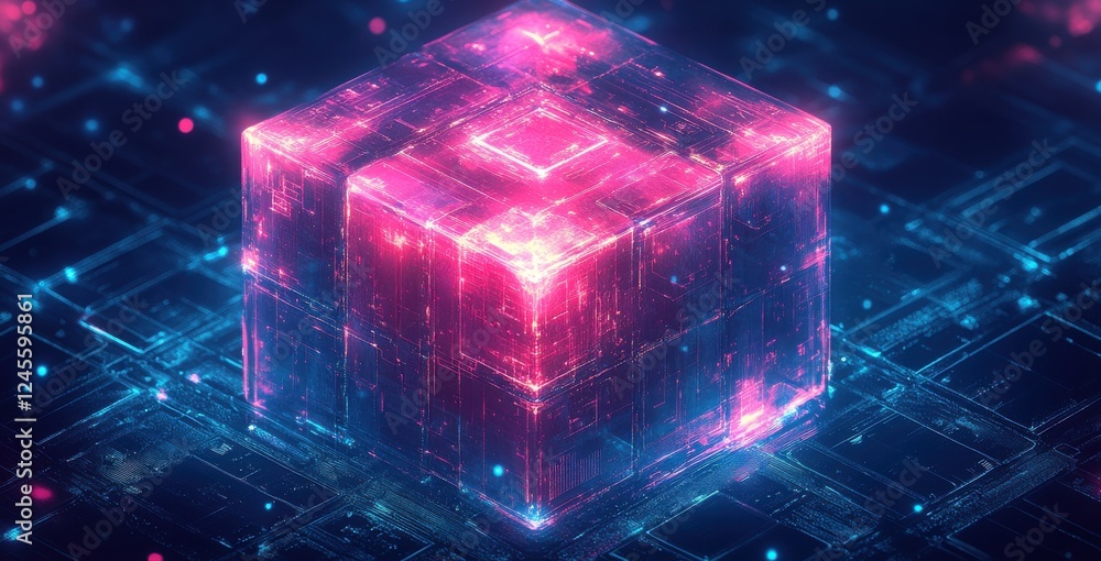 Poster abstract digital cube with glowing neon lights in a futuristic environment, representing technology,