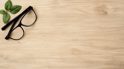 Glasses, leaves on wood desk, copy space, workspace