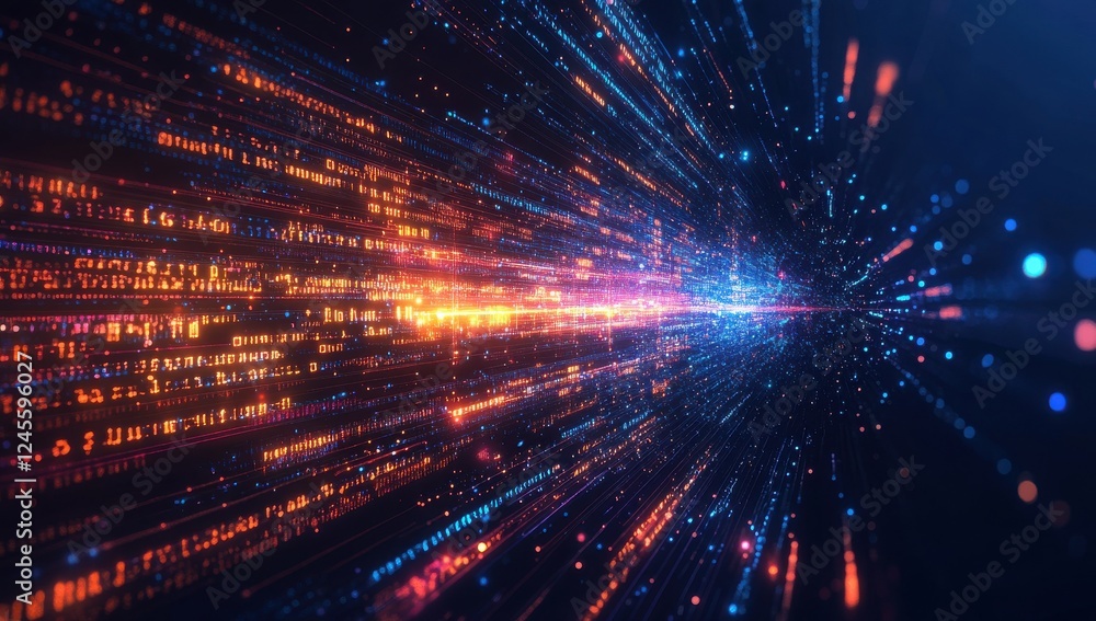 Poster abstract digital data stream with glowing particles and vibrant colors representing technology, inno