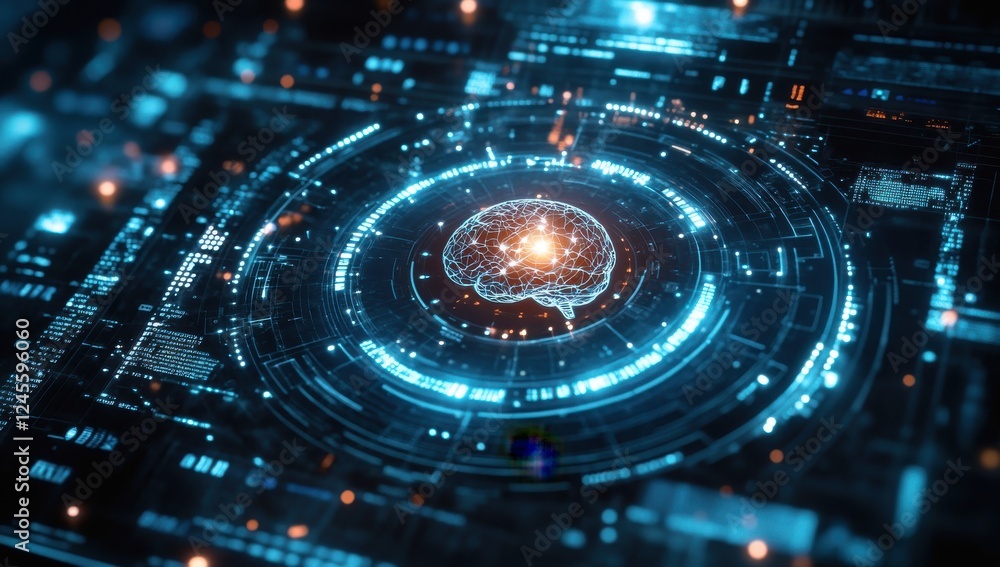 Poster abstract digital design featuring illuminated brain overlays and circuit patterns in a high-tech env
