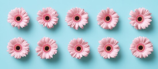 Pink gerbera daisies arranged in two rows against a light blue background, creating a harmonious floral display with a modern aesthetic.