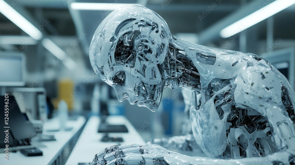 Poster futuristic robot fluid like mercury transforms into a perfectly detailed human figure the background