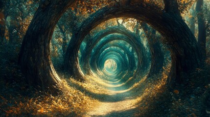 Hypnotic spiral forest path enchanted woodland digital art dreamlike environment majestic viewpoint