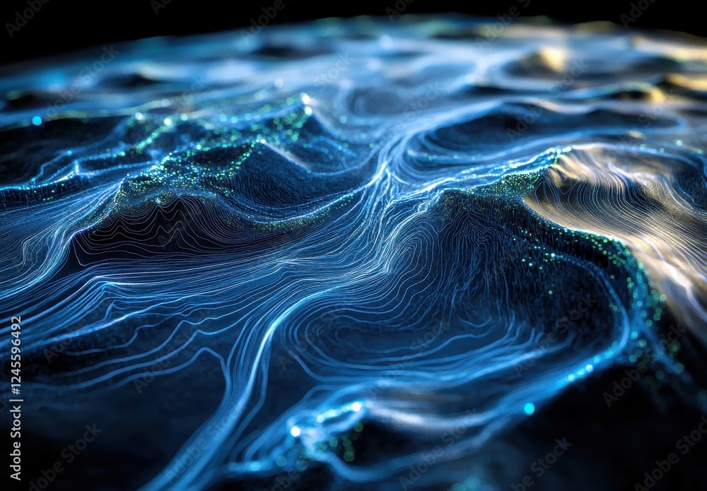 Poster abstract digital landscape with flowing waves and luminous particles creating a beautiful visual rep