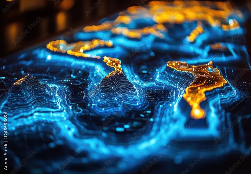 Poster abstract digital map representation showcasing illuminated topography with blue and orange glowing t