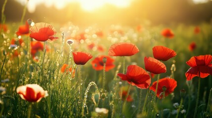 Vibrant Red Poppies In A Sunlit Field Summer Nature Landscape