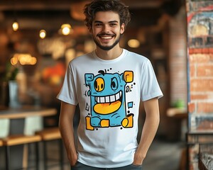 Man smiling, wearing a t-shirt with a cartoon monster design.