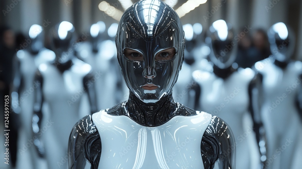 Poster futuristic scene of a liquid metal robot transforming seamlessly into different human forms its meta