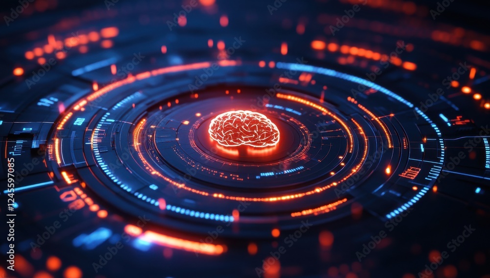 Poster abstract digital representation of a glowing brain symbolizing artificial intelligence and neural co