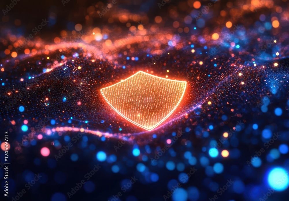 Poster abstract digital shield symbol glowing brightly in a cosmic background filled with colorful particle