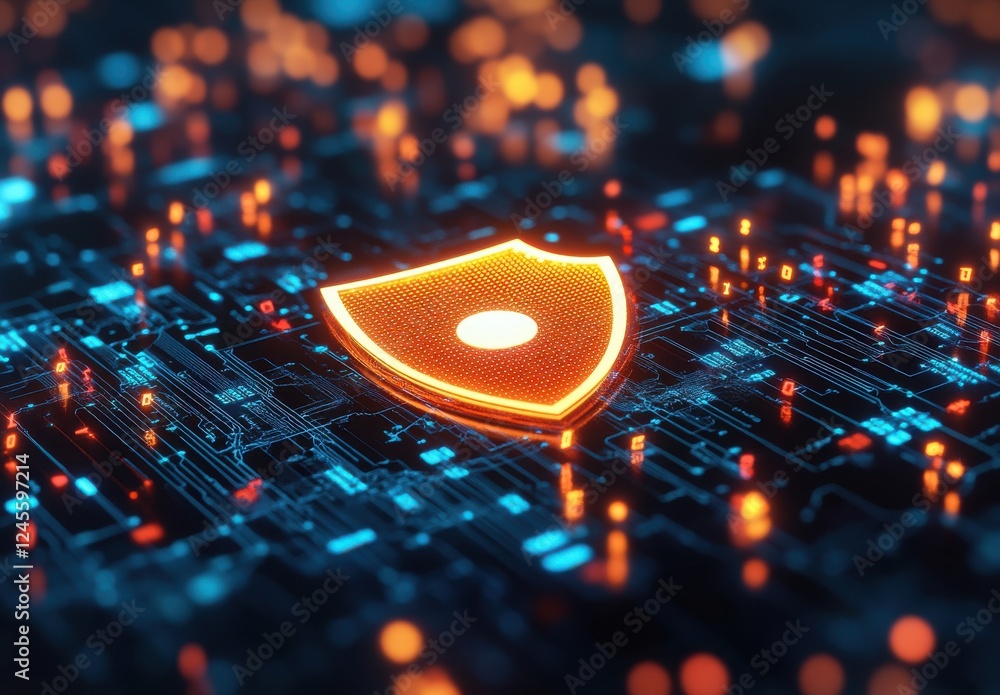 Poster abstract digital shield symbol representing cybersecurity on circuit board with glowing lights and d