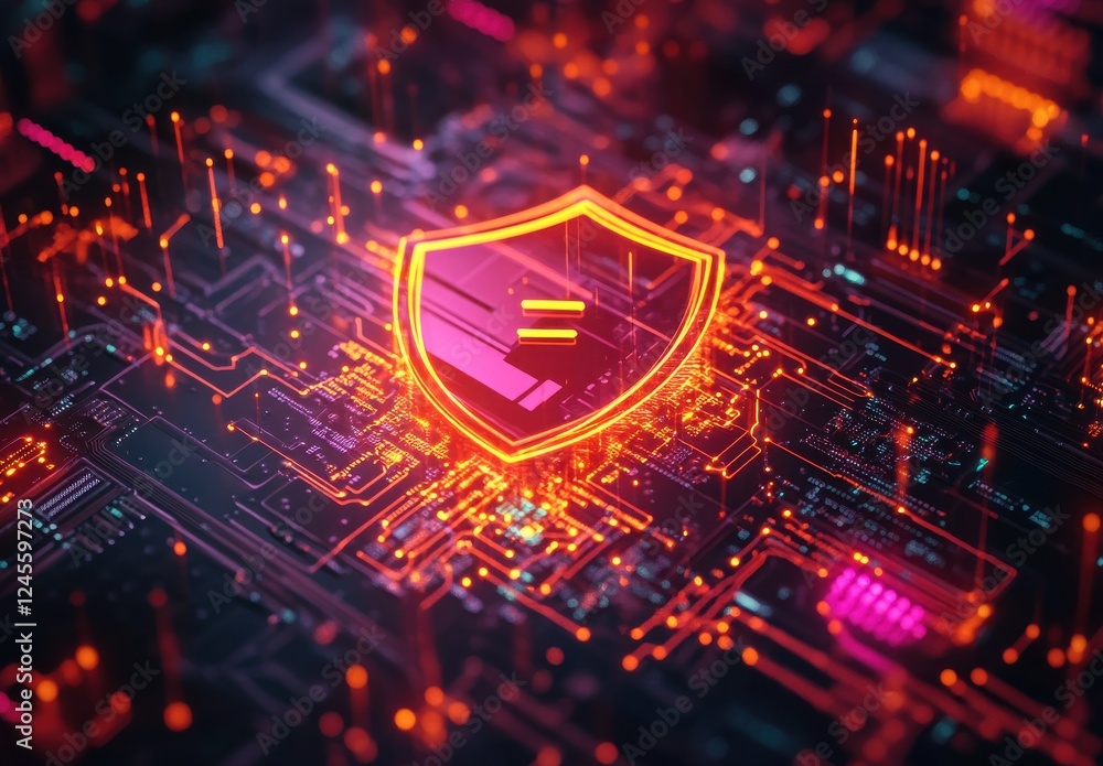 Poster abstract digital technology background featuring a glowing shield symbol representing cybersecurity 