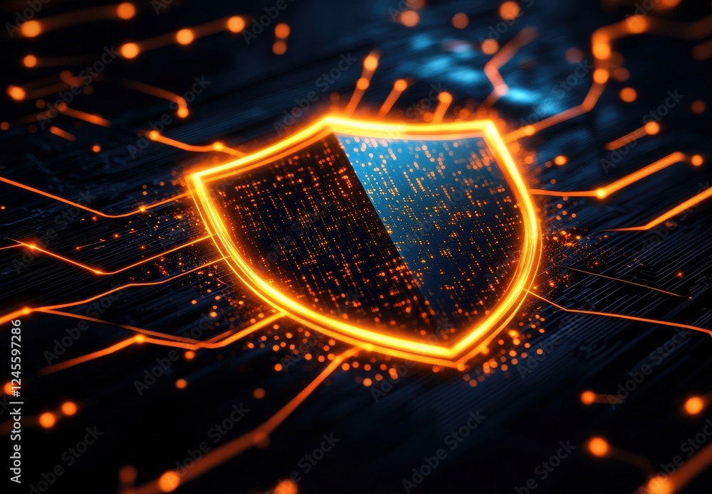 Poster abstract digital shield with glowing circuits on dark background representing technology, security, 