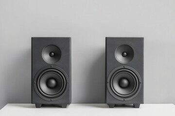Fototapeta premium Modern Black Studio Speakers on White Table - Audio Equipment for Sound and Music