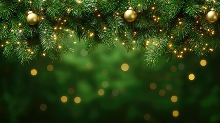 Festive Christmas greenery with gold ornaments and lights