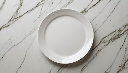  A blank white plate on a white marble surface with gray veins. Ideal for elegant menus, sophisticated invitations, and modern food photography.