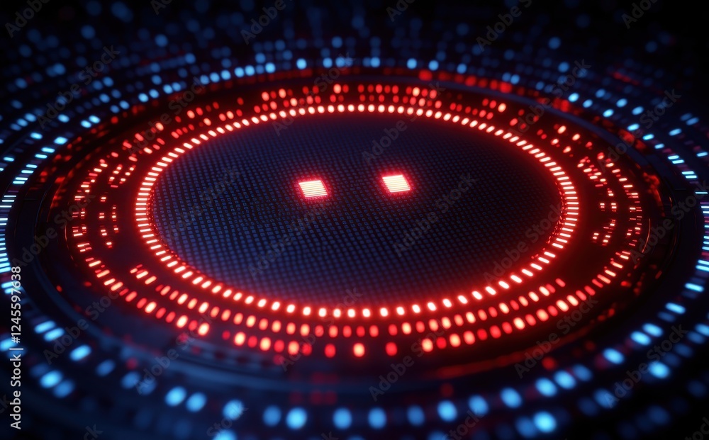 Poster abstract futuristic design featuring circular patterns with glowing blue and red lights, creating a 