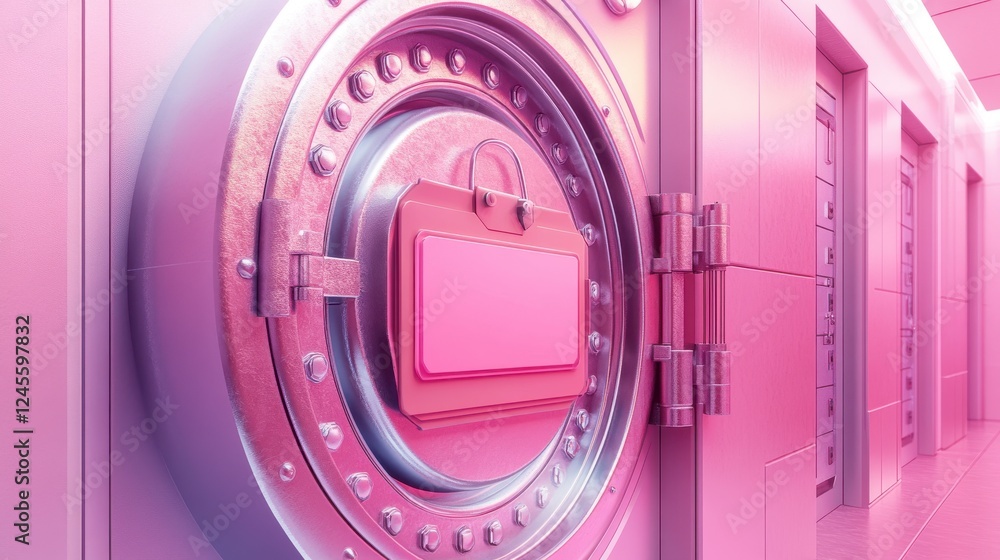 Poster a vibrant pink vault door in a futuristic setting, showcasing intricate design and a secure locking 