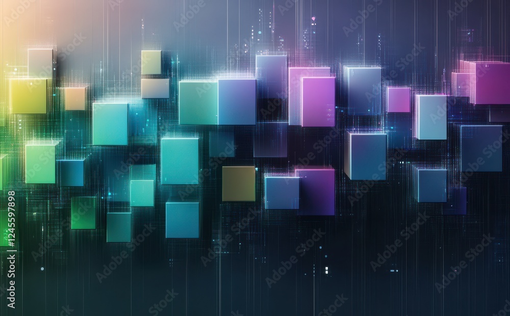 Poster abstract geometric background with colorful squares and glowing lights creating a modern digital aes