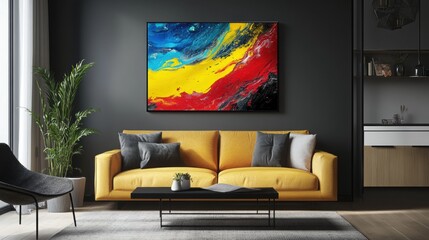 Modern Living Room Interior with Yellow Sofa and Abstract Colorful Art