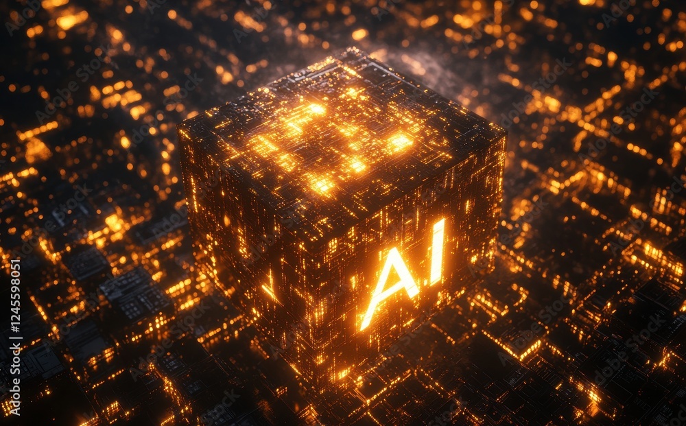 Poster abstract glowing cube representing artificial intelligence in a digital world with intricate geometr