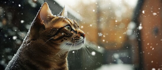 Bengal cat in profile gazes thoughtfully amidst a soft snowfall in a wintry street scene with blurred warm-toned background elements.