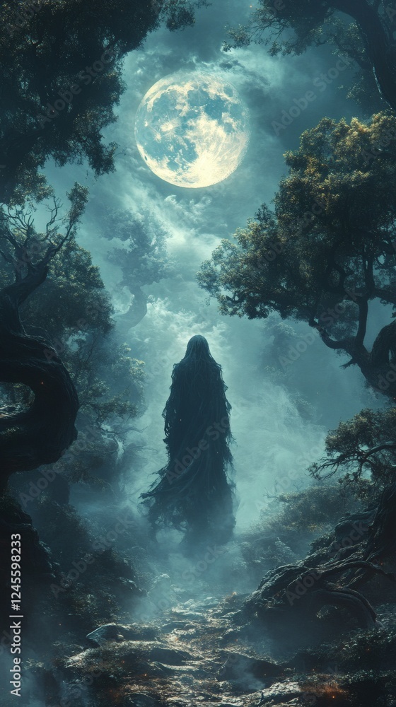 Aufkleber ghostly figure with glowing eyes lurks in a dark forest of twisted trees and thick shadows the full 