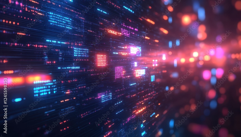 Poster abstract illustration of colorful digital data flow with light trails creating a futuristic technolo
