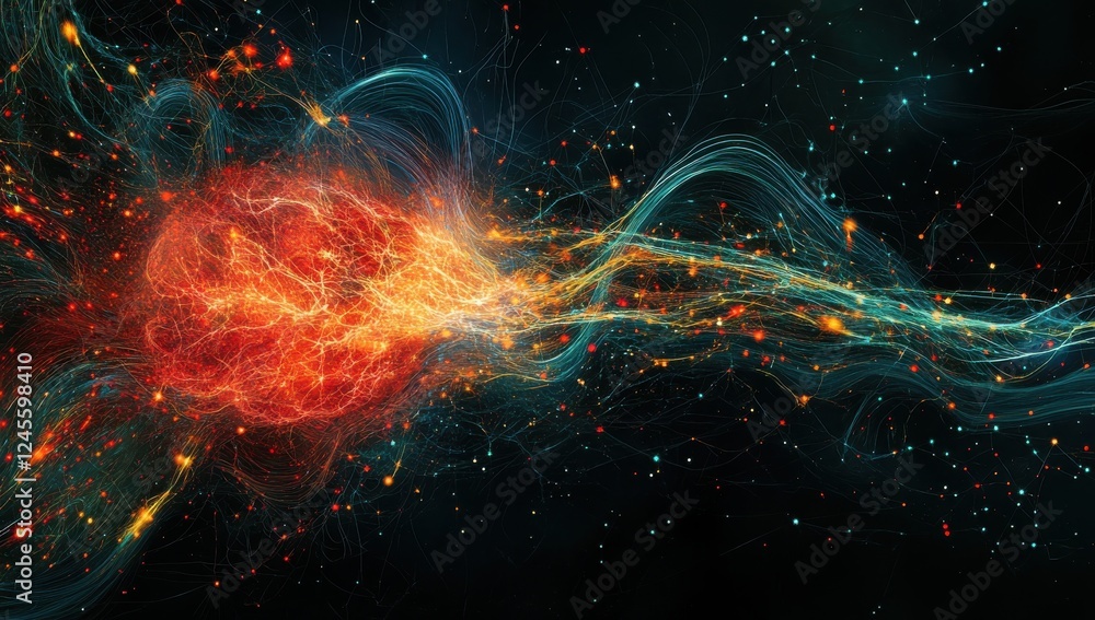 Poster Abstract illustration of cosmic energy with vibrant colors and swirling patterns representing dynamic movement and transformation in a dark space environment