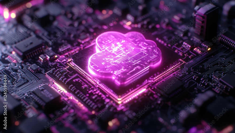Aufkleber abstract image of a futuristic circuit board with a glowing cloud symbol illuminated in pink, showca