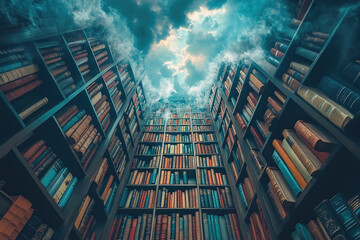 Fototapeta premium A rack of shelves full of books rises into the cloudy sky. Concept of gaining knowledge. Fantastic image of the library.