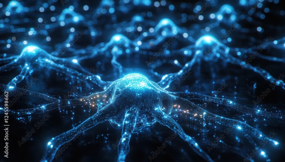 Poster abstract image of glowing neurons with electric connections representing advanced neural networks an