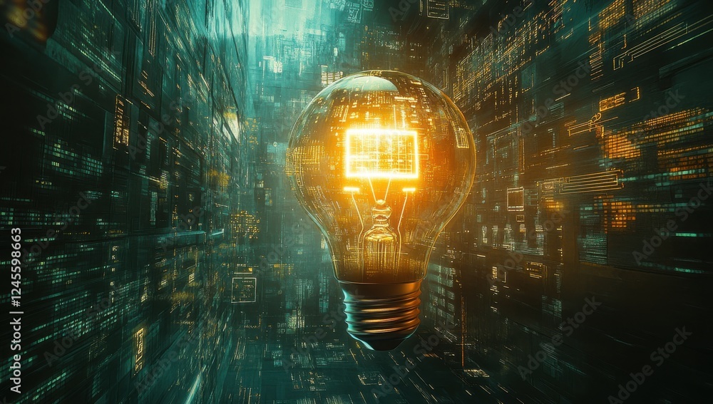 Poster abstract image of a glowing light bulb surrounded by digital data streams representing innovation an