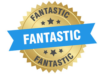 fantastic. fantastic round blue and gold label isolated on transparent background