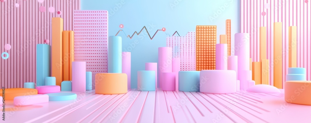 Poster a vibrant, abstract scene featuring colorful cylindrical and rectangular shapes against a gradient b