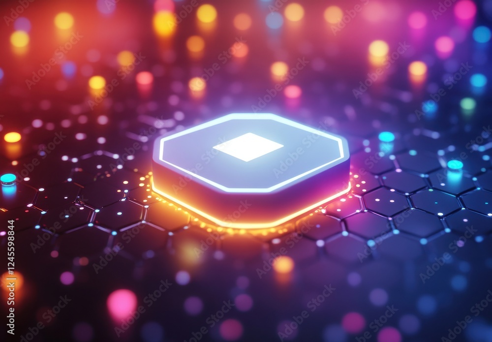Poster abstract neon hexagonal shape glowing with colorful lights on a futuristic digital background, showc