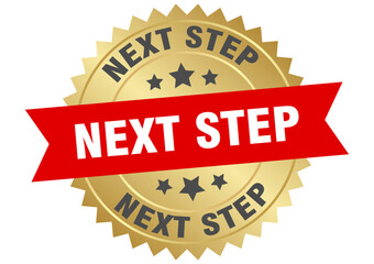 next step. next step round red and gold label isolated on transparent background