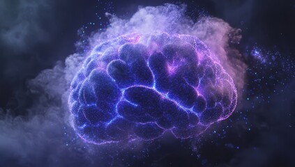 Obraz premium Abstract representation of a glowing brain in vibrant colors amid a mystical cloud background, symbolizing creativity, intelligence, and consciousness.