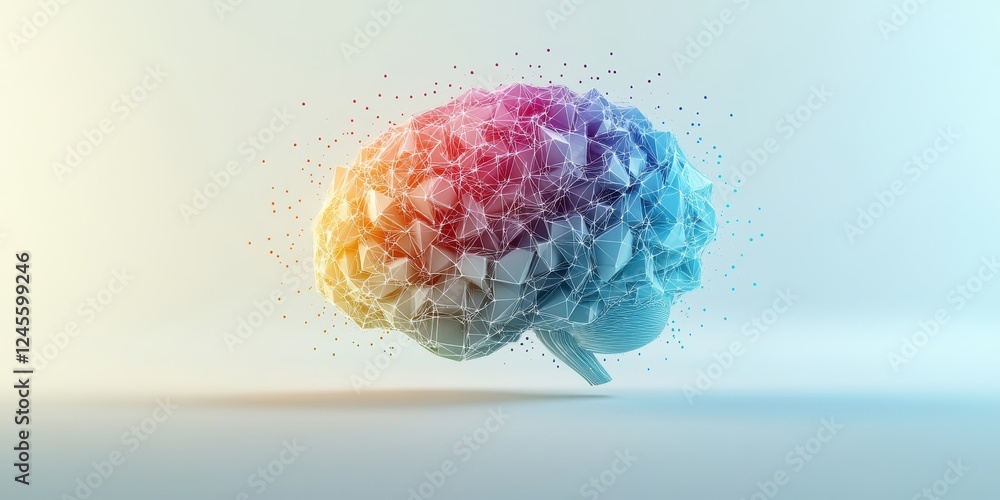 Poster abstract representation of a human brain with low-poly design and colorful gradient, symbolizing cre
