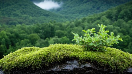 Mountaintop plant, mossy rock, lush forest background
