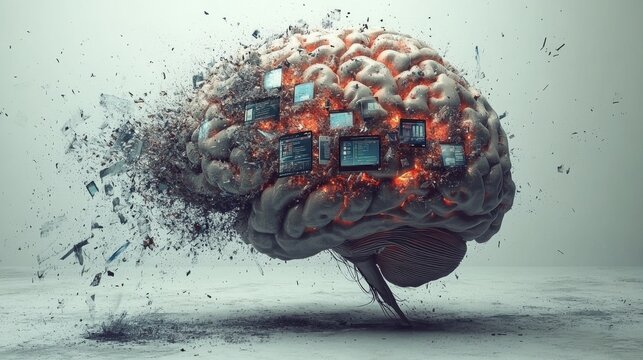 Exploding brain with digital screens and circuits in surreal landscape