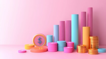 A vibrant composition of colorful coins and bar graphs, symbolizing financial growth and investment against a pink backdrop.