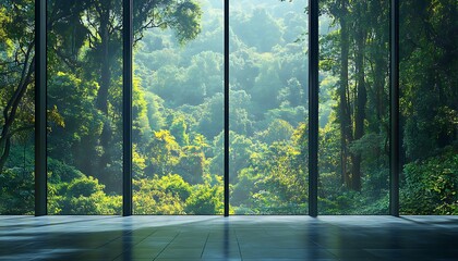 A serene virtual background of a nature-inspired workspace with a view of a dense forest through large glass panels
